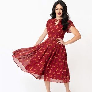 Unique Vintage 1950s Rust & Orange Floral Dahlia Swing Dress - Missing Belt